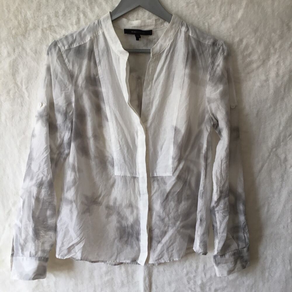 BCBGMaxAzria White & Gray Tie-Dye Roll-tab Sleeve Silk Blouse